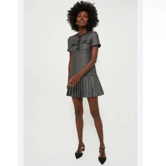 Self Portrait NEW Metallic Boucle Rhinestone Button Pleated Hem Mini Dress US 12 - Picture 3 of 14